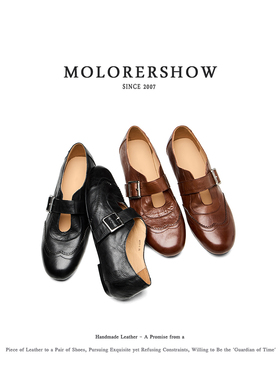 MOLORERSHOW【手工雕花】复古手工做旧一字扣带一脚蹬平底单鞋女