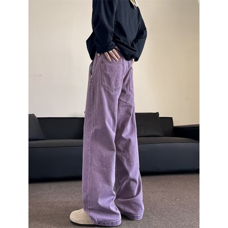美式嘻哈紫色牛仔裤男秋季新款宽松直筒小众复古设计高级感阔腿裤