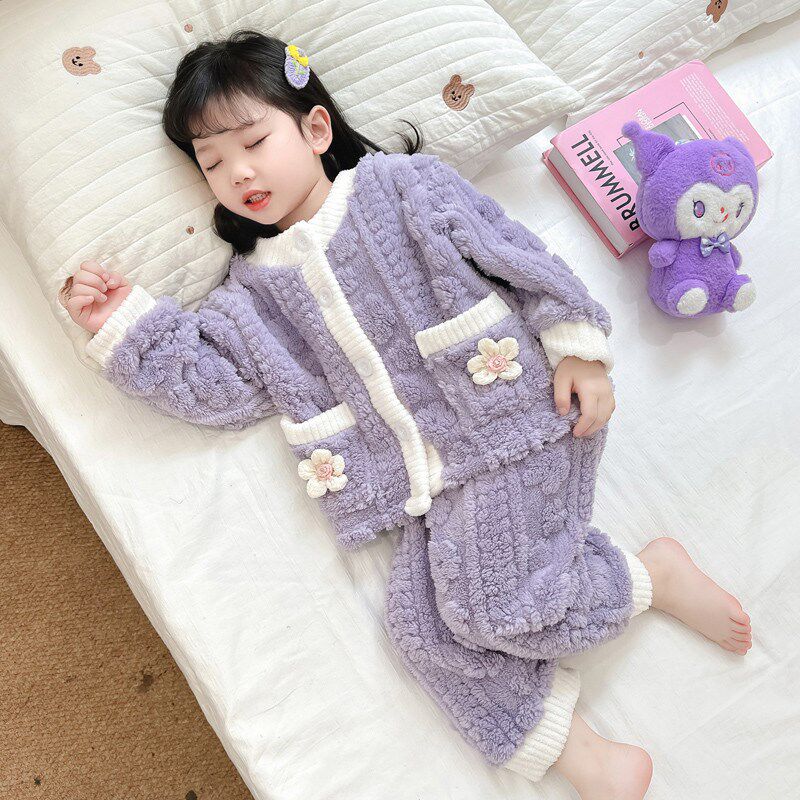 女童睡衣秋冬2024新款法兰绒花朵口袋开衫女宝宝居家服珊瑚绒套装