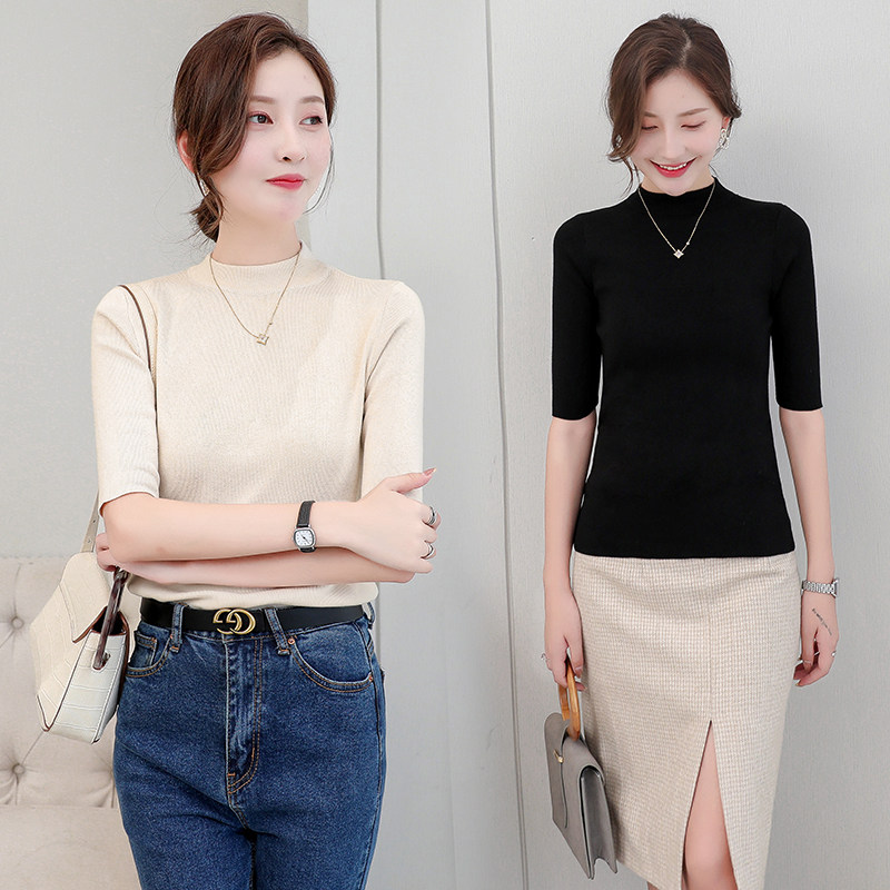 春秋新款半高领中袖针织衫女士黑色毛衣五分袖修身洋气上衣打底衫