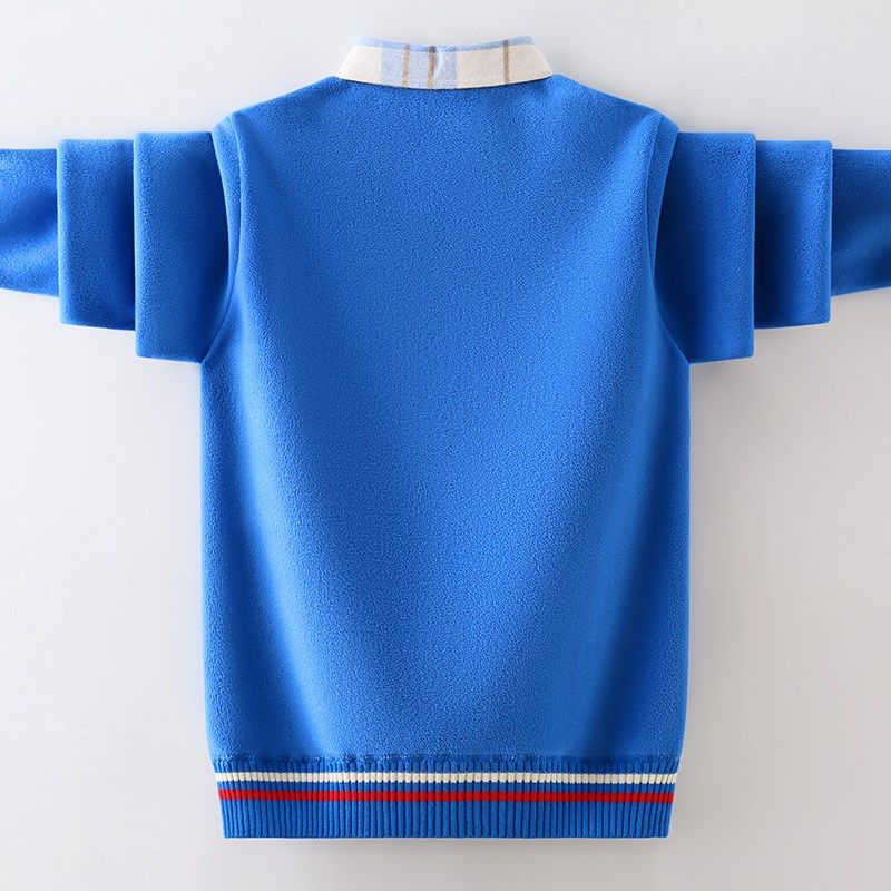 男童卫衣一体绒秋冬款假两件中大童加绒加厚打底衫儿童衬衫领上衣