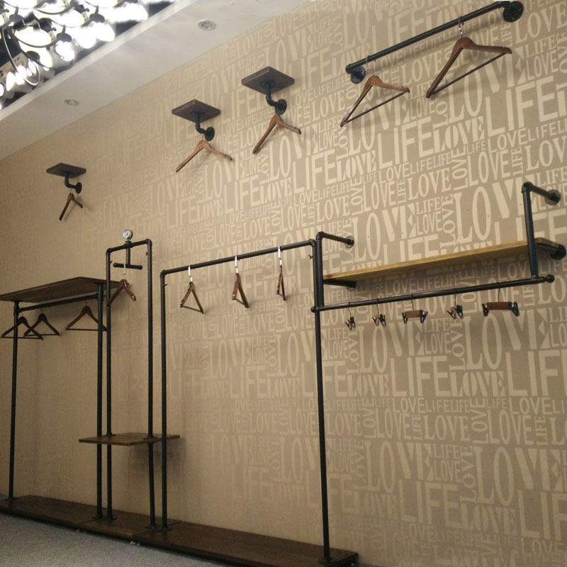 复古铁艺服装店衣架展示架上墙正挂侧挂组合童装女装实木壁挂货架