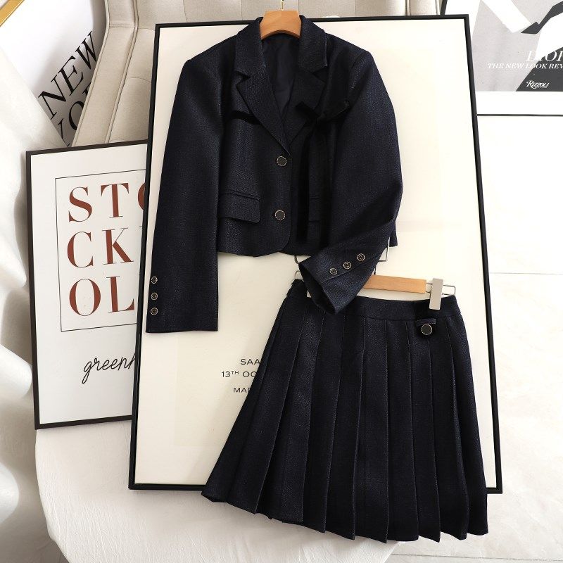 阔系!短款休闲西装半身裙裤两件套装女2024季新款蝴蝶结西服外套