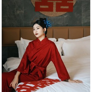 新中式改良旗袍新娘晨袍酒红色复古小个子敬酒服订婚礼服回门套装