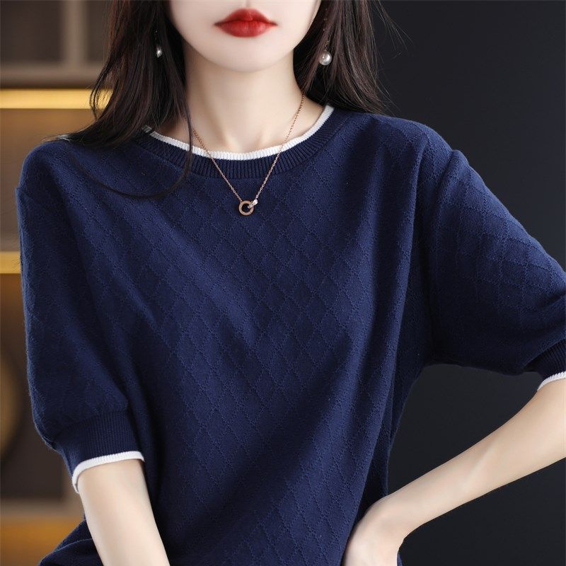 不起球纯棉线针织短袖女拼色镂空全棉上衣2023夏季新款T恤衫宽松,女装/女士精品,T恤,淘宝优惠券,粉丝福利购,淘宝优惠卷