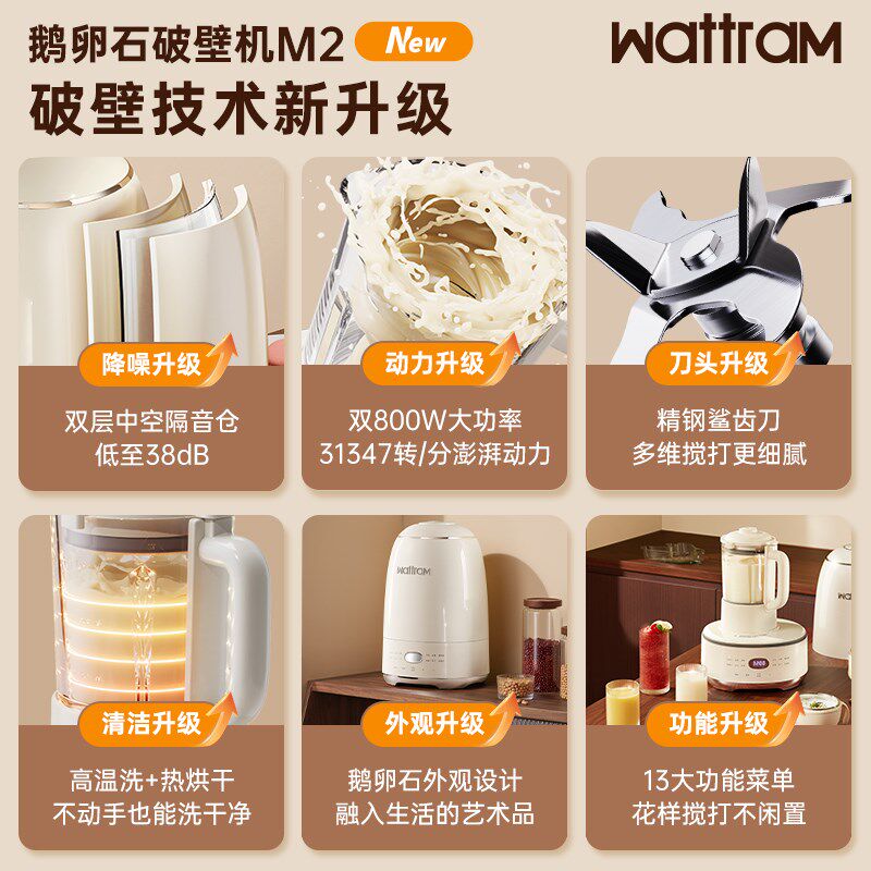 北欧沃朗鹅卵石破壁机家用全自动新款静低噪音小型料理榨汁豆浆M2,厨房电器,破壁机,淘宝优惠券,粉丝福利购,淘宝优惠卷