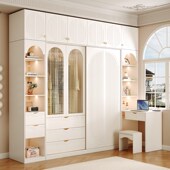 衣柜带转角书桌一体奶油风小户型家用卧室储物柜电脑桌学习写字台