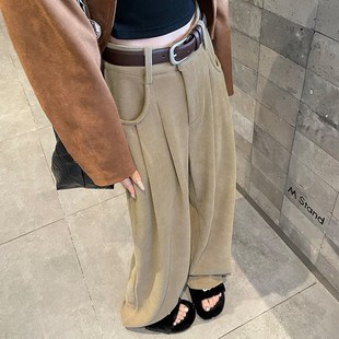 卡其色裤子女秋冬季2023新款加绒针织阔腿裤垂感休闲灯芯绒西装裤