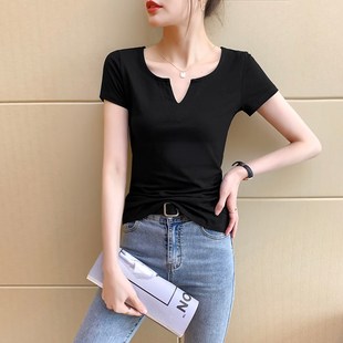 黑色V领短袖t恤女紧身内搭2024年夏季新款设计感纯棉打底衫上衣潮