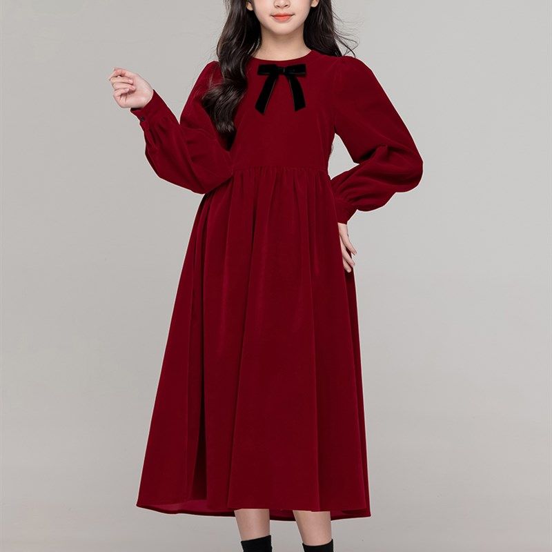 女童秋冬连衣裙加绒公主裙中大童酒红色生日礼服裙小女孩新年裙子