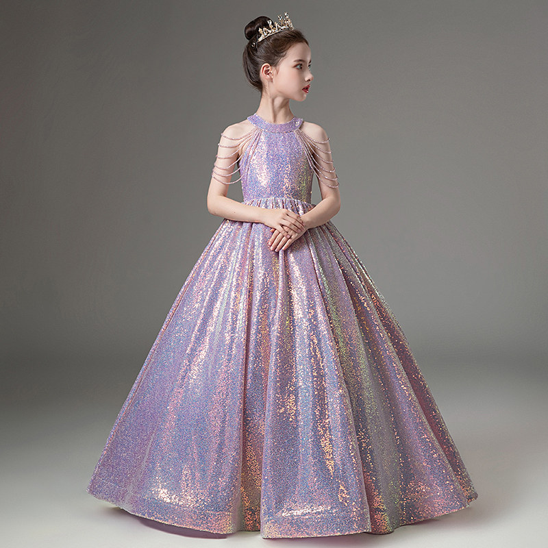 儿童礼服紫色亮片生日公主裙高端女童小主持人钢琴演出服简约大气