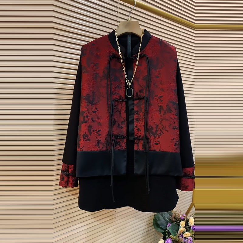 加肥立领盘扣复古风马甲长袖打底衫胖妹妹气质显瘦百搭洋气两件套