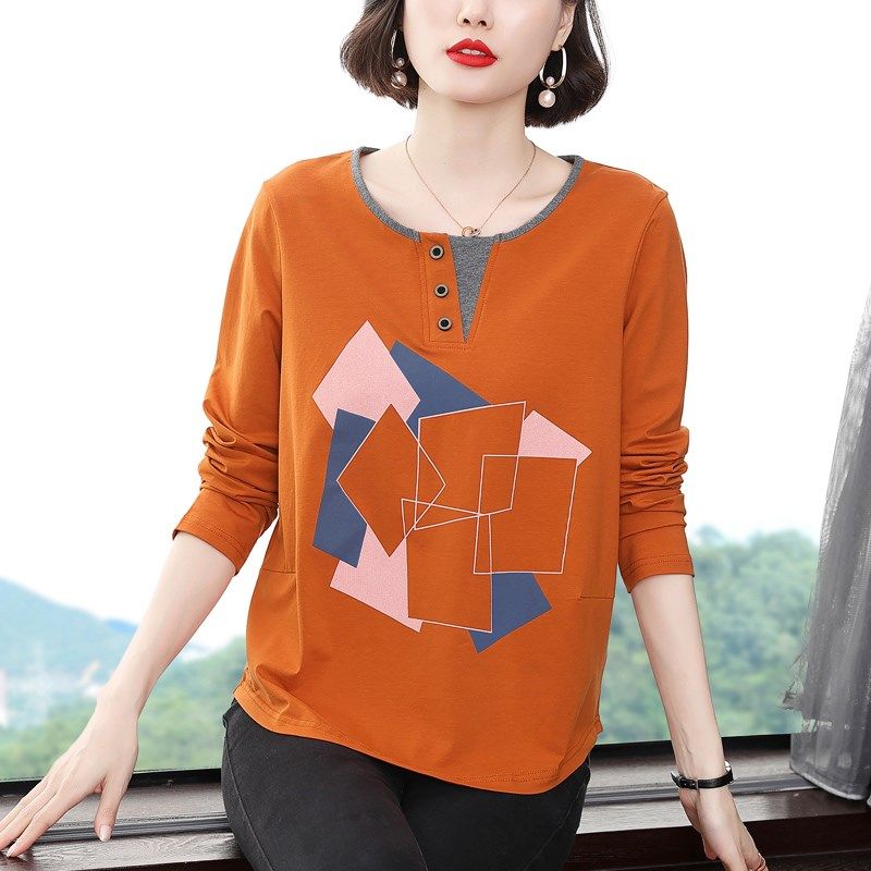 妈妈纯棉长袖T恤女春装新款中老年宽松大码上衣洋气打底衫外穿潮
