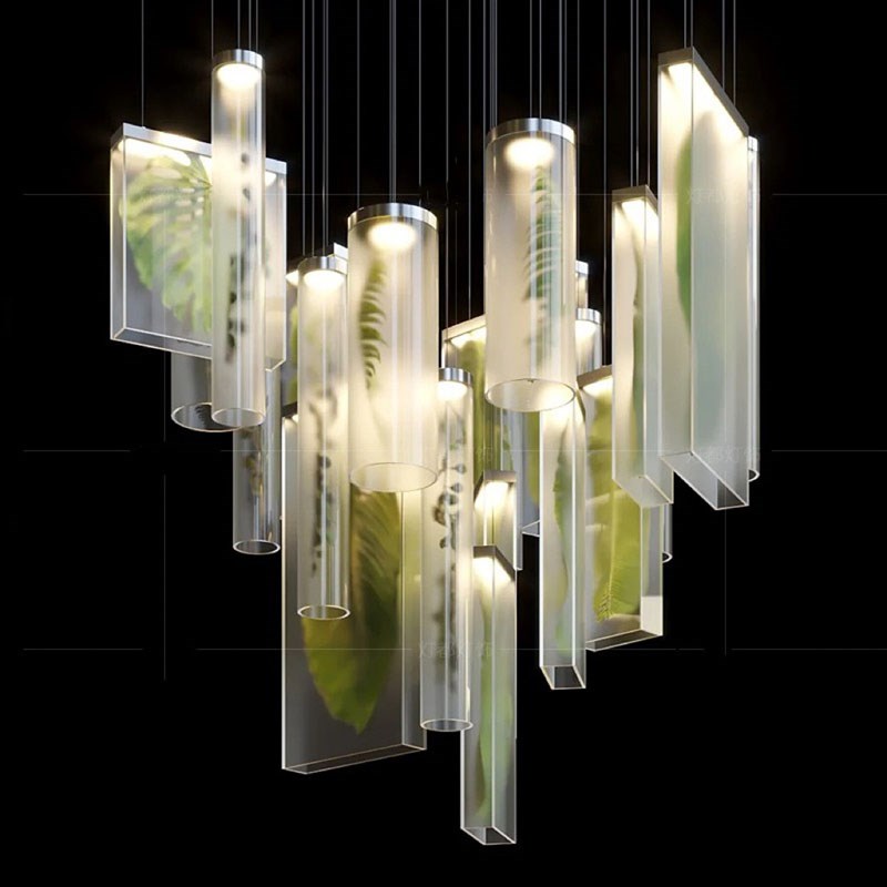 酒店大堂售楼部吊灯亚克力发光绿色植物主题餐厅楼梯创意艺术灯具
