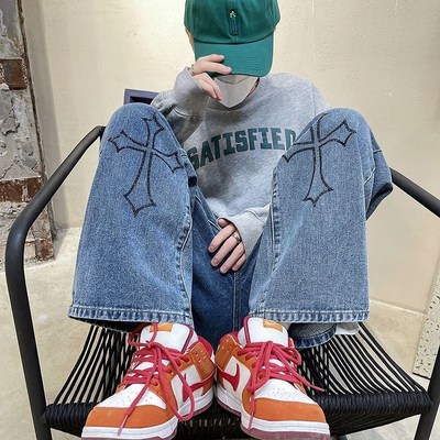 童装夏季十字架牛仔裤男直筒宽松vibe风裤子2023新款系绳阔腿长裤