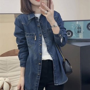 2023新款秋冬牛仔衬衫女中长款加绒加厚叠穿宽松休闲打底衬衣外套
