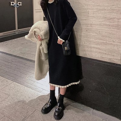 小个子黑色毛衣针织连衣裙子女秋冬季高级感打底内搭配大衣的长裙