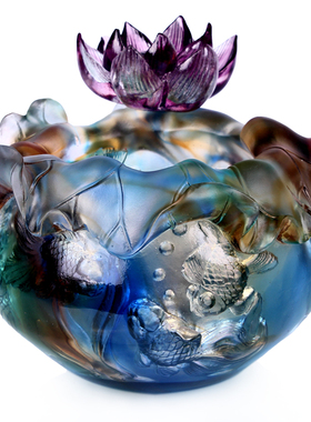 琉璃荷花鱼池聚宝盆摆件家居客厅酒柜装饰品摆设新房乔迁搬家礼品