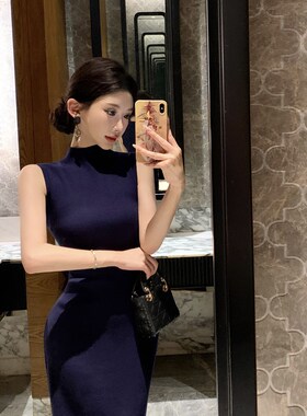 蓝色修身无袖针织包臀连衣裙女打底长裙高级感气质御姐风裙子