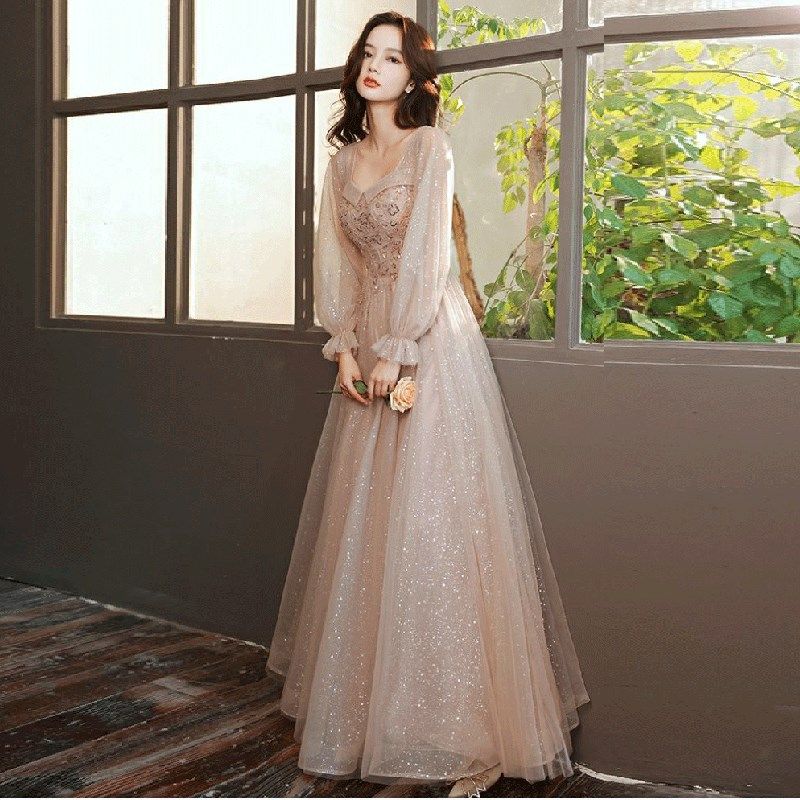 香槟色长袖礼服裙音乐生艺考成人礼年会生日宴会主持人连衣裙子