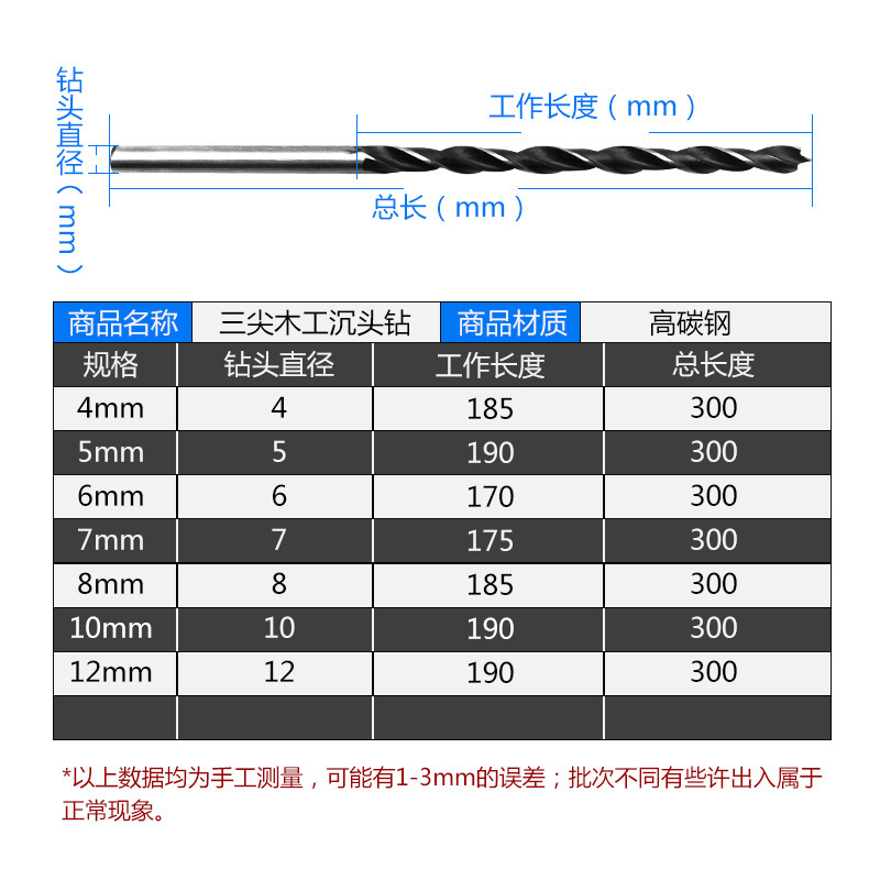 300mm加长三尖木工茶盘茶几木工开孔器4-12mm定心麻花钻 木工钻头