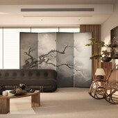 枯枝 东方美学中古侘寂折叠折屏客厅玄关茶室移动屏风隔断可移动