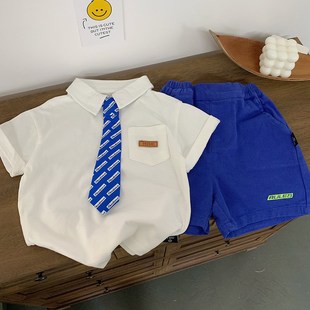 纯棉男童表演主持礼服短裤 儿童夏季 套装 短袖 两件套毕业照 白色衬衫