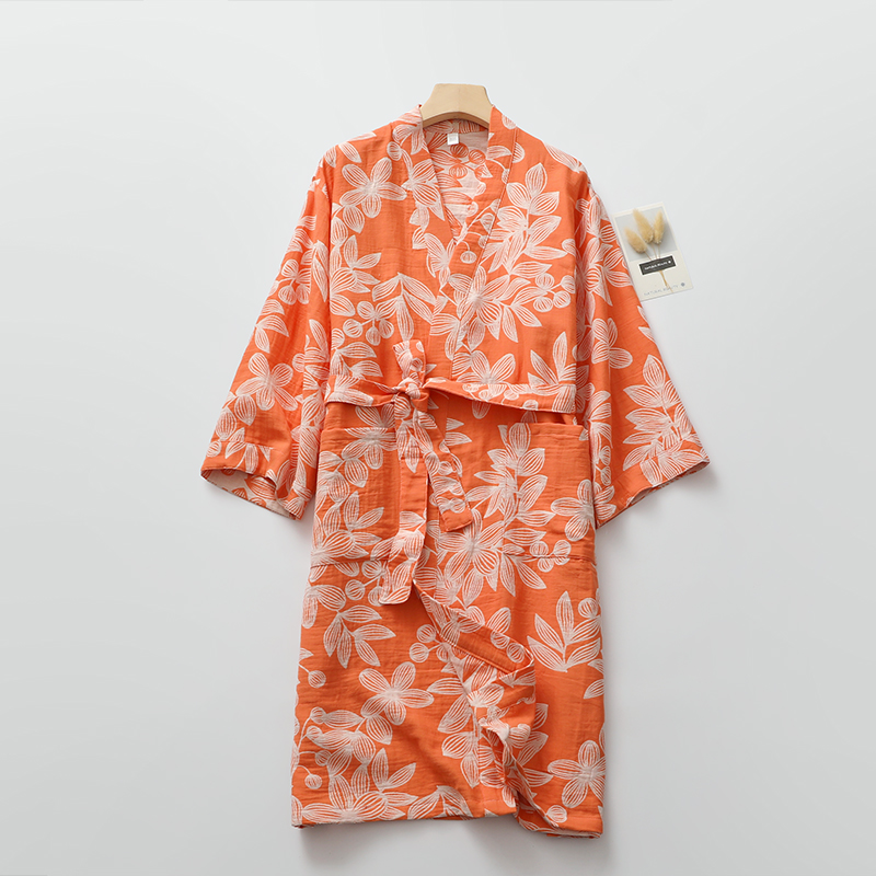 提花宽腰带睡袍女水洗纯棉纱花朵开衫浴袍中长版睡裙可外穿晨袍薄