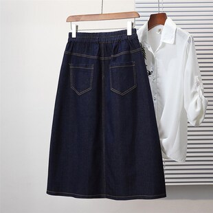 胖mm大码松紧腰牛仔中长款半身裙弹力宽松显瘦a字裙2024春秋新款