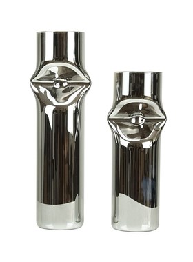 现代简约欧式圆柱夹扁造型玻璃花插花器摆件样板房售楼处软装饰品