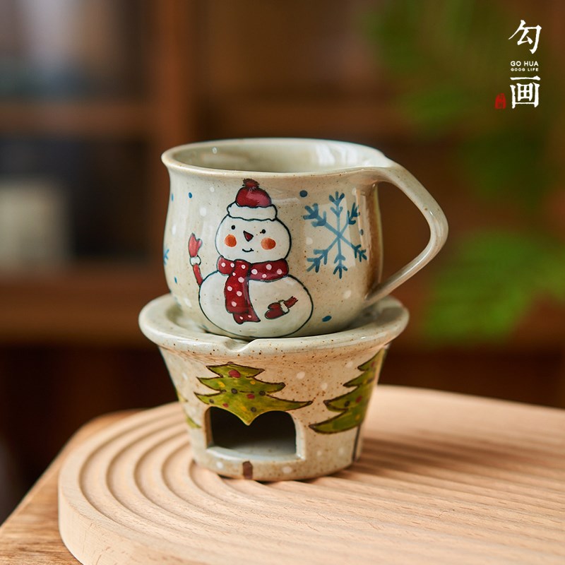 一人小型蜡烛温茶炉手绘雪人套装煮茶粗陶复古茶具咖啡杯套装礼物
