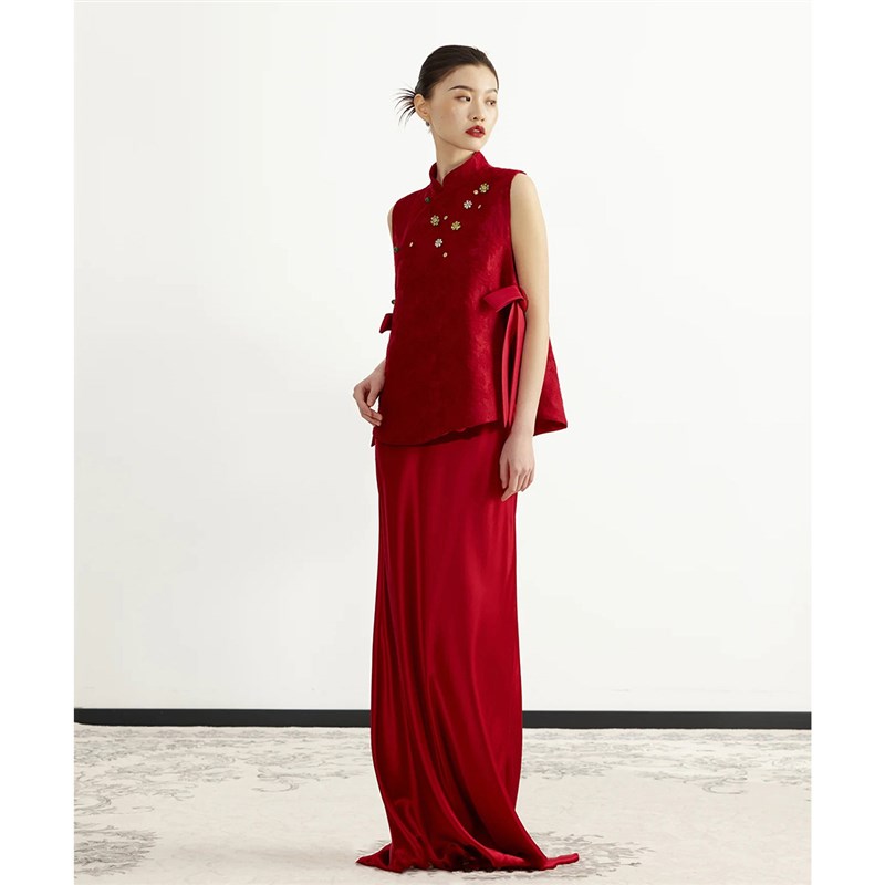 新中式红色套装订婚礼服裙女敬酒服新娘无袖结婚回门便装旗袍唐装