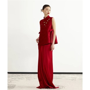 新中式红色套装订婚礼服裙女敬酒服新娘无袖结婚回门便装旗袍唐装