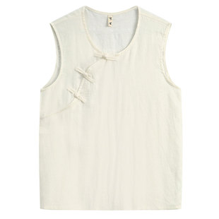 夏季亚麻唐装男斜门襟马甲无袖纯亚麻坎肩中式复古手工盘扣背心男