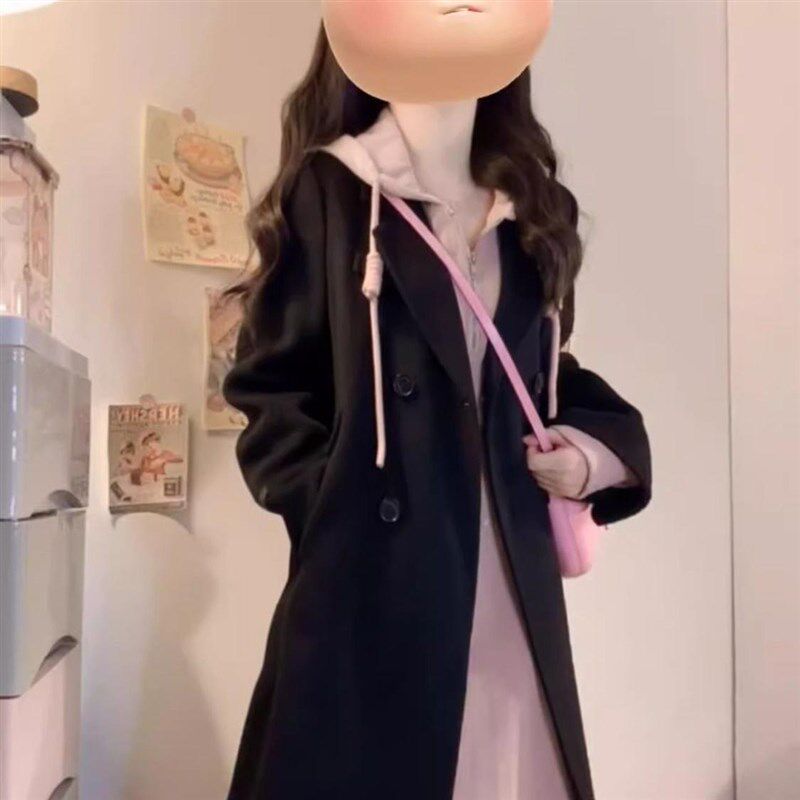 风衣女款2024新款小个子法式赫本风中长款毛呢外套高级感黑色大衣