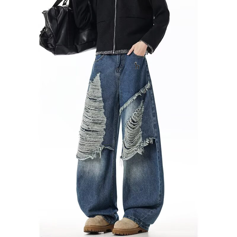 【一折专区】Horgias哈吉斯尼森美式破洞阔腿牛仔裤男女宽松长裤,男装,牛仔裤,淘宝优惠券,粉丝福利购,淘宝优惠卷