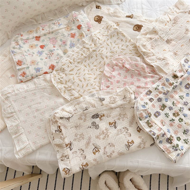 A类韩式花边双层纱儿童枕套纯棉全棉枕头罩家用30x50宝宝小枕头皮