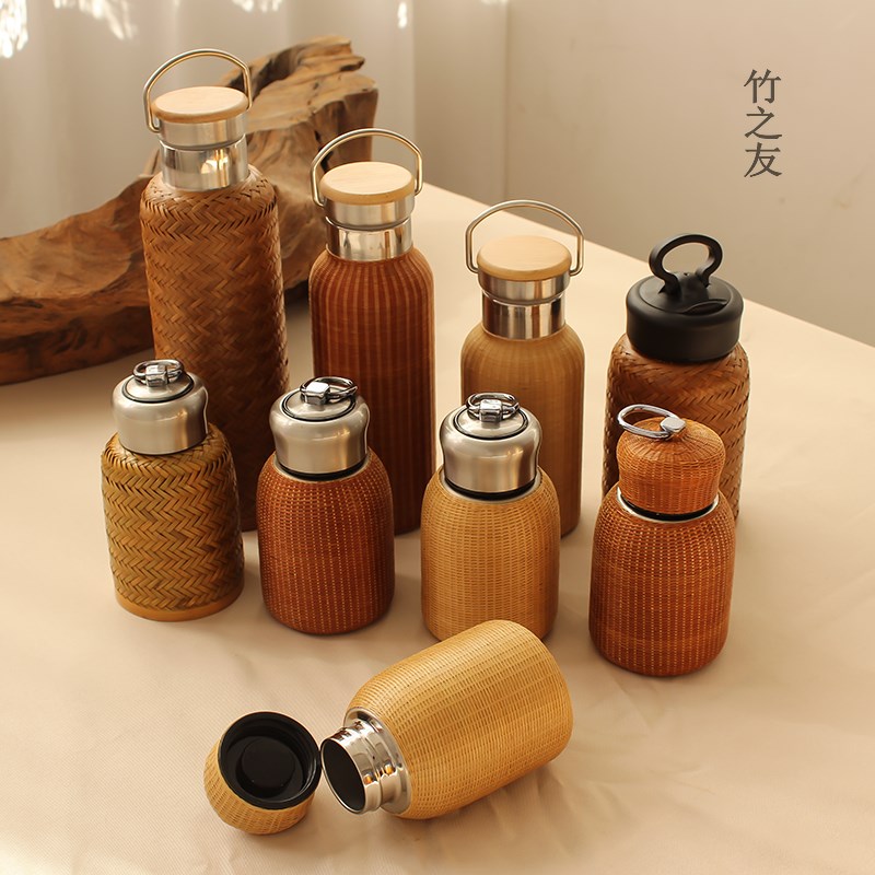 竹编水杯保温杯手工扣丝老式复古小号茶杯304不锈钢高档便携 杯子