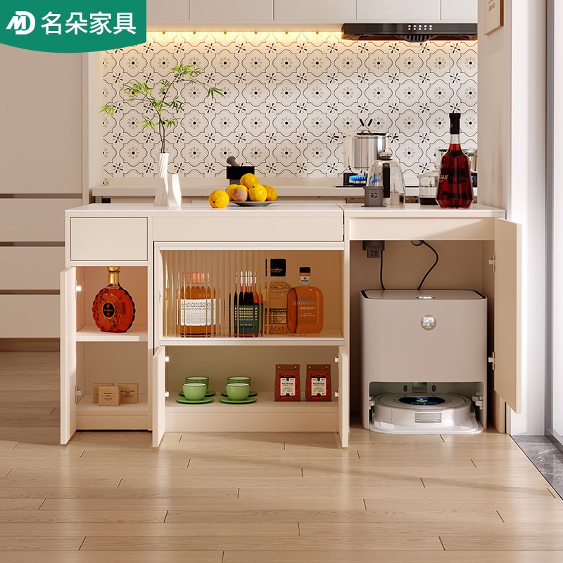 奶油风岩板岛台餐桌一体小户型家用现代可伸缩茶台吧台倒台5E57