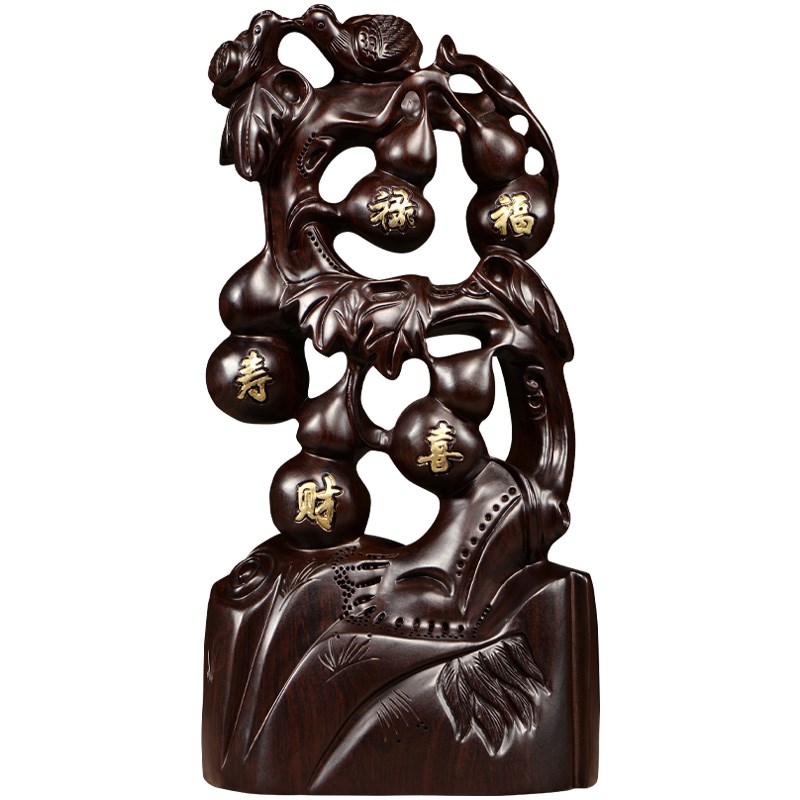知府黑檀木雕刻五福临门根雕摆件葫芦工艺品家居客厅玄关装饰送礼