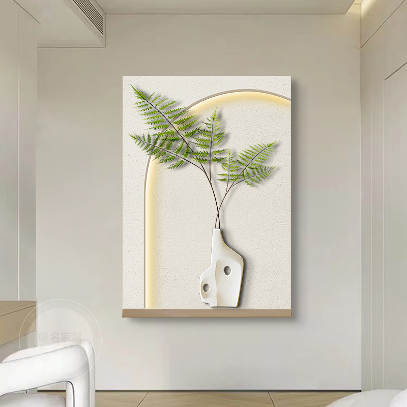 玄关装饰画创意立体砂岩实物画高档侘寂风客厅沙发背景墙绿植挂画