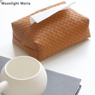 编织纹皮质o纸巾盒家用茶几样板间家居抽纸盒餐巾纸收纳 轻奢风格
