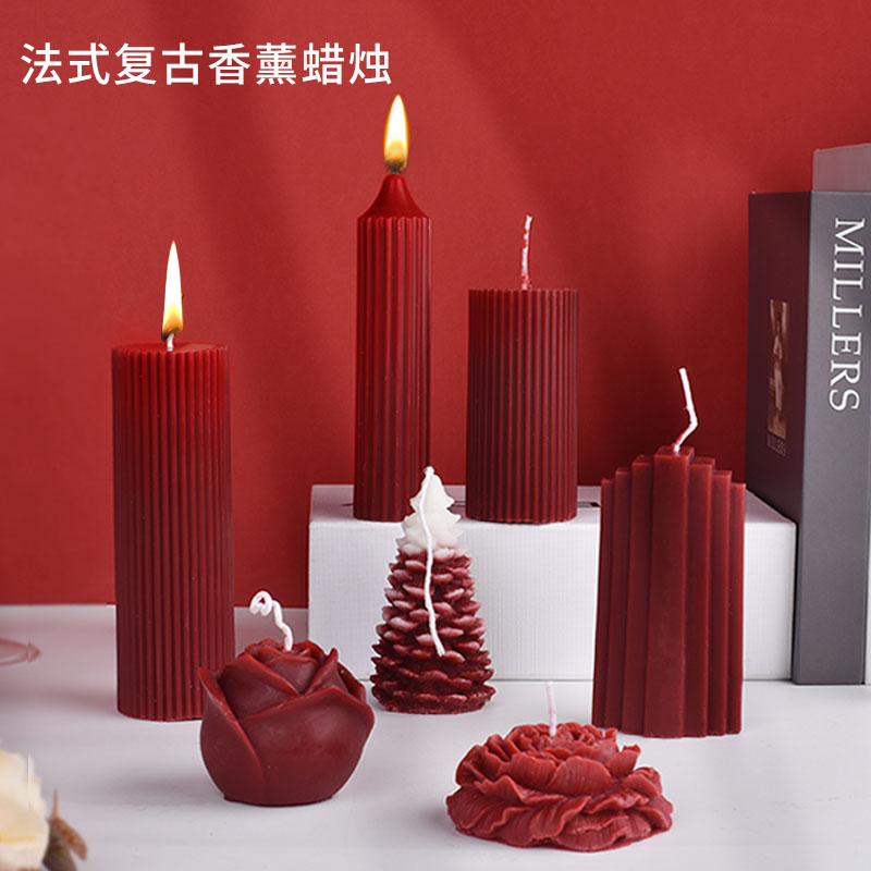 法式复古酒红色香薰蜡烛小众高级浪漫情调喜烛结婚家用烛台摆件