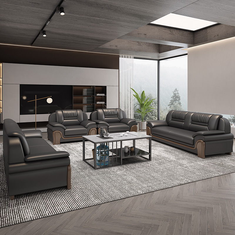 办公沙发商务胡桃色现代中式酒店接待洽谈三人位沙发茶几