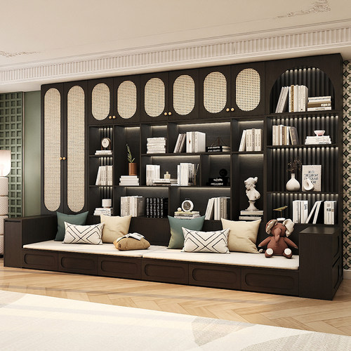 去客厅化沙发书柜一体整墙到顶复古书架背景柜子实木藤编