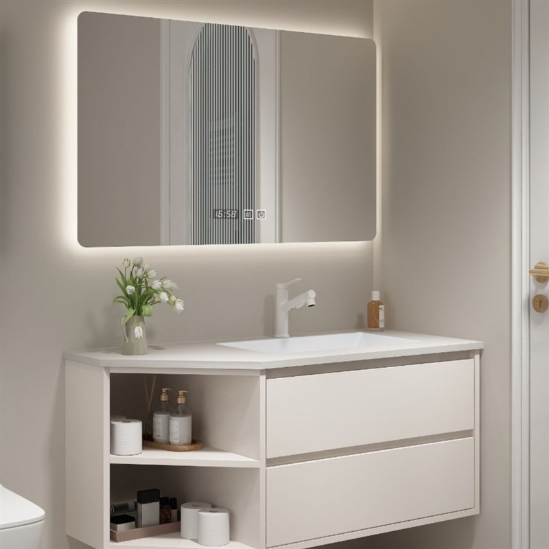 定制实木圆弧形浴室柜斜切角异形盆可丽耐一体盆岩板洗手台盆