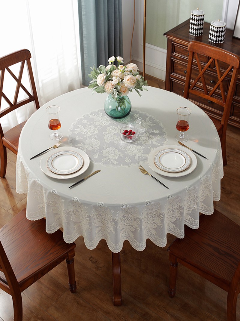 圆桌桌布防水防烫防油免洗餐桌布家用PC欧式蕾丝高级感塑料台布