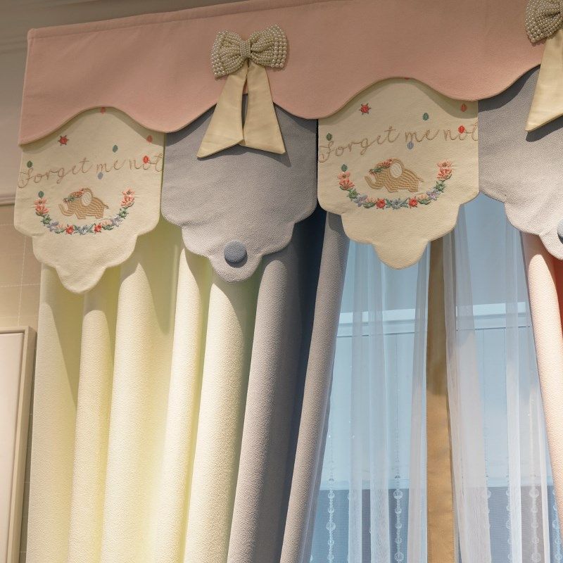 高档卡通儿童房卧室窗帘女孩公风绣大象爱遮光窗帘布星星纱