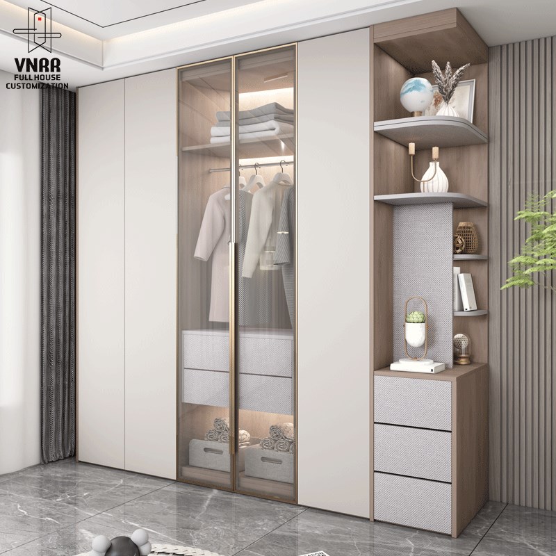 现代实木转角衣柜书桌一体家用卧室玻璃门大衣橱带学习桌