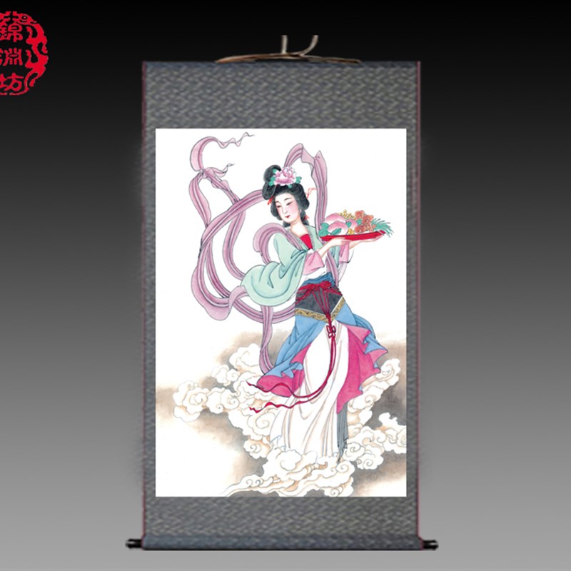 人物挂画七仙女丝绸画蟠桃贺寿图卷轴画牡丹装饰画玄关悬挂画中堂图片